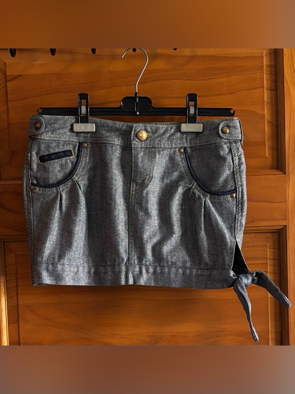 Micro-Mini Skirt Metallic Gold and Denim with Side Tie
